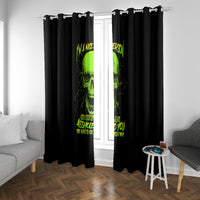 Black skull window curtains with neon green skull art and bright yellow-green lettering