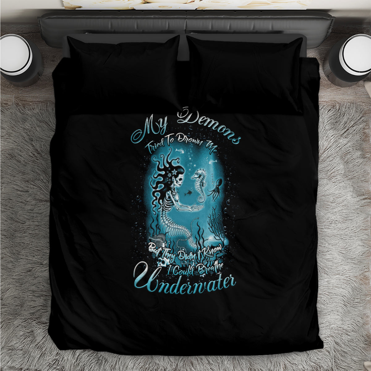 Black mermaid bedding set, blue sea-creature graphic on duvet with two pillowcases