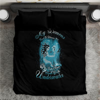 Black mermaid bedding set, blue sea-creature graphic on duvet with two pillowcases