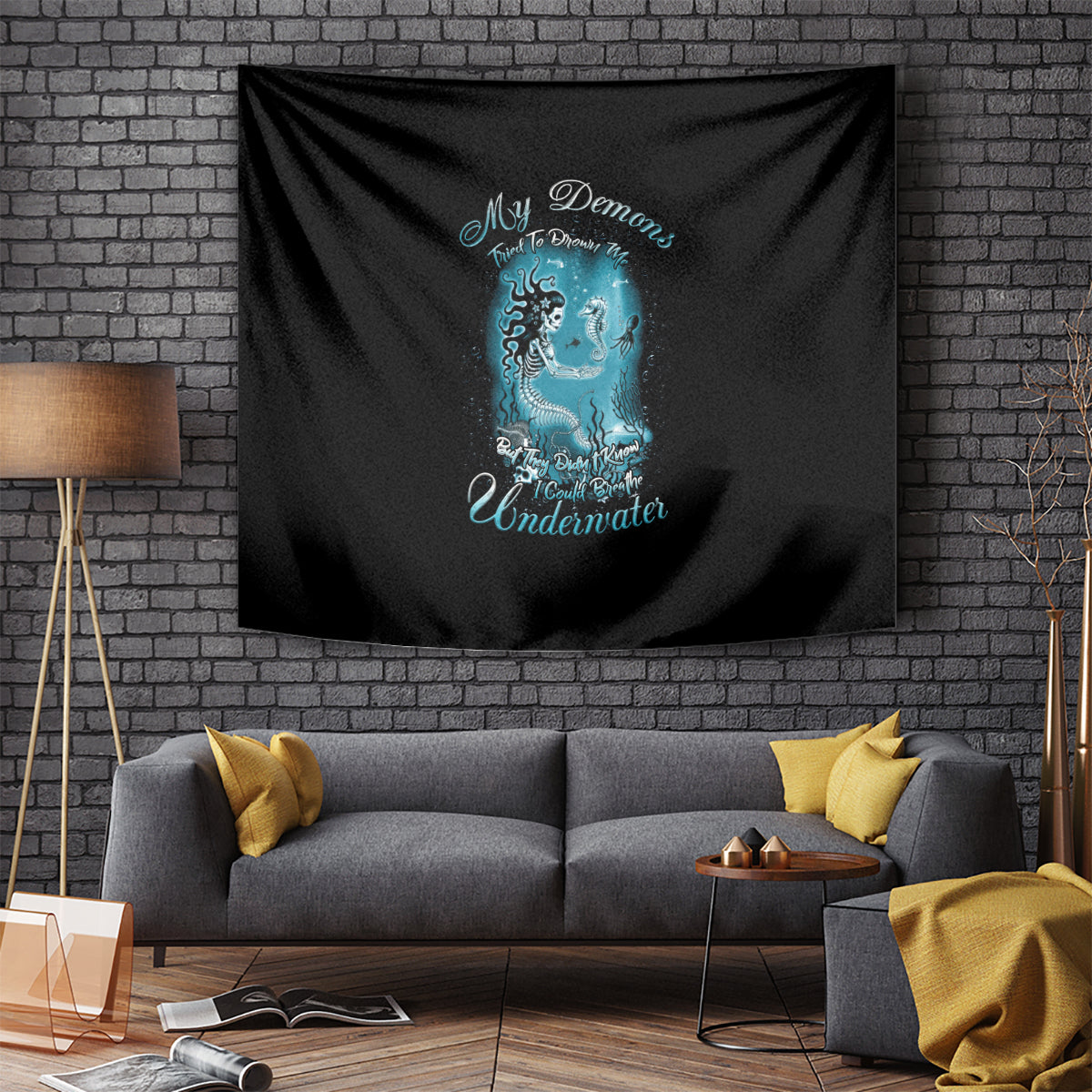 Black wall tapestry featuring a blue mermaid illustration and 'Underwater' lettering