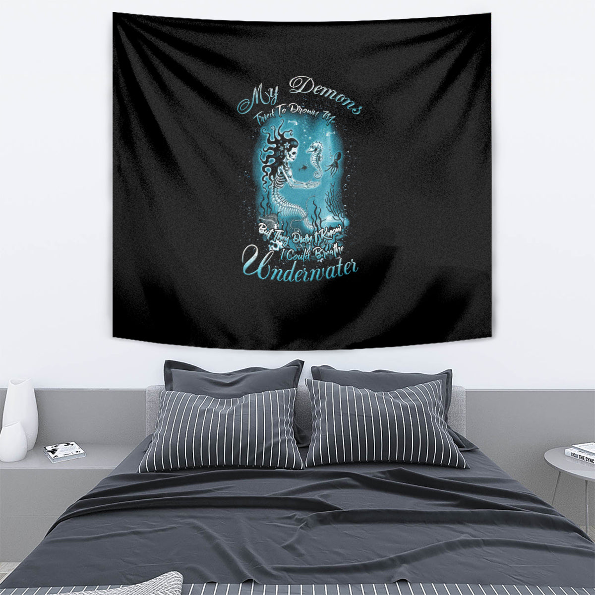 Black mermaid tapestry with blue underwater character graphic and 'Underwater' text