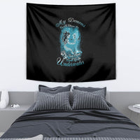Black mermaid tapestry with blue underwater character graphic and 'Underwater' text