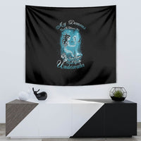 Black rectangular tapestry with centered blue mermaid artwork and cursive 'Underwater' text