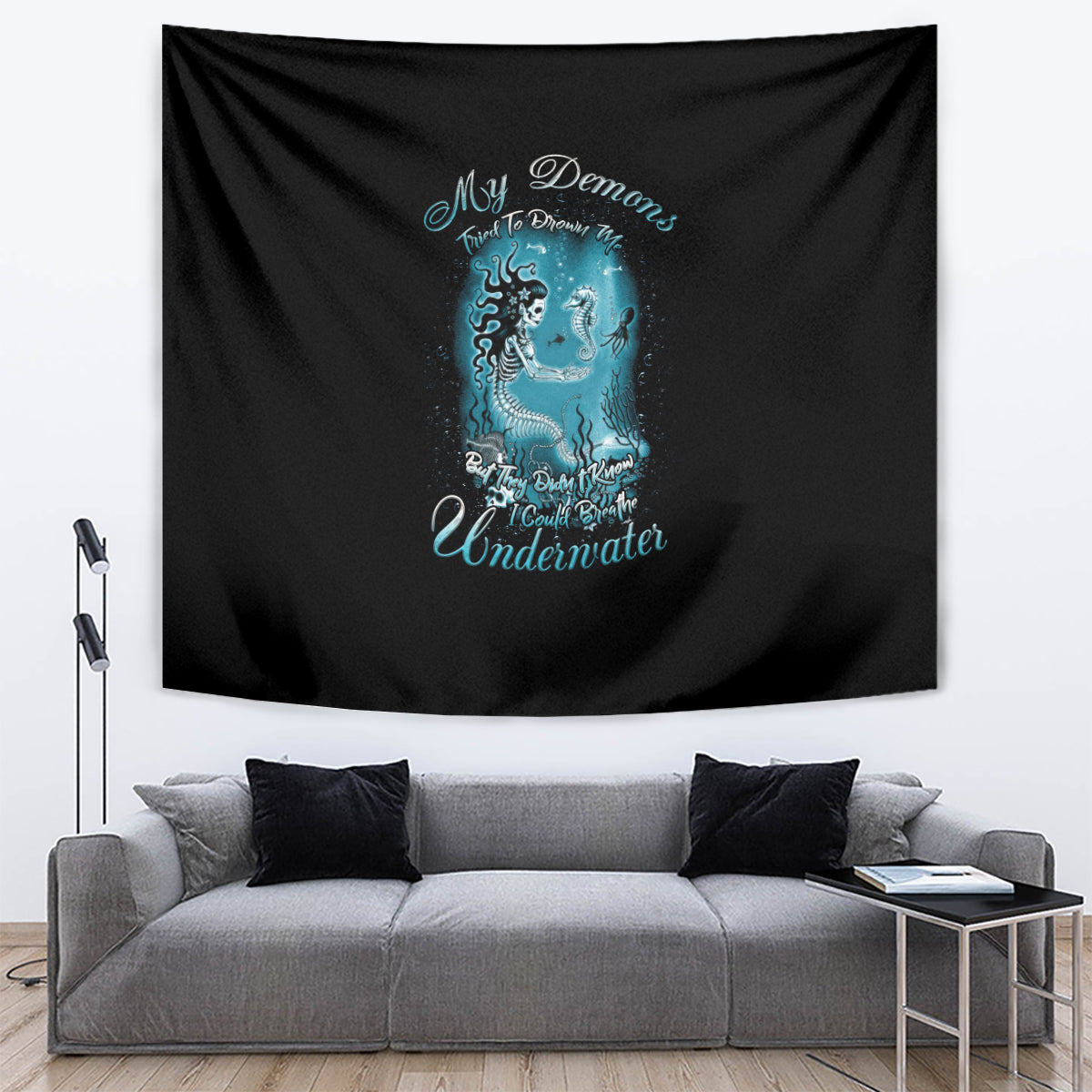 Black mermaid tapestry with blue character illustration and 'Underwater' script