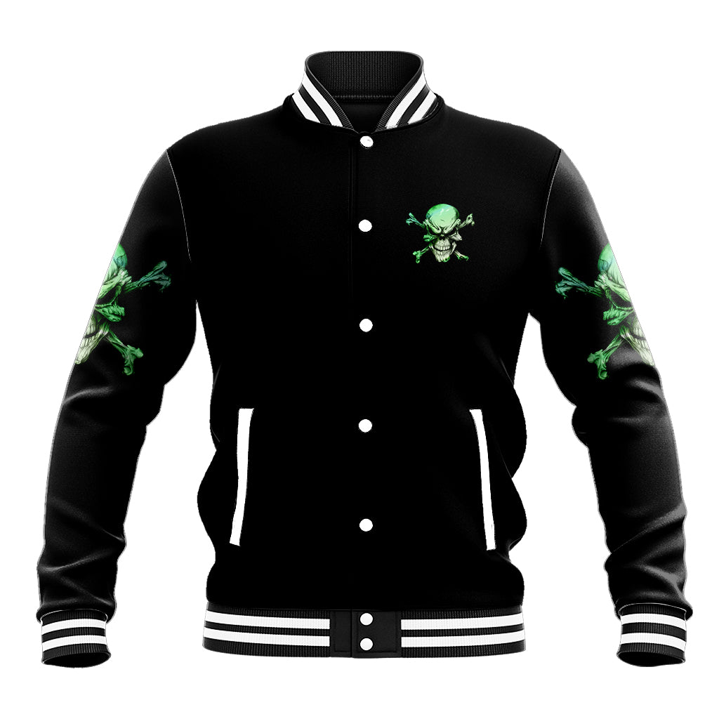 Black baseball jacket, green skull front graphic, snap buttons, striped rib trim.