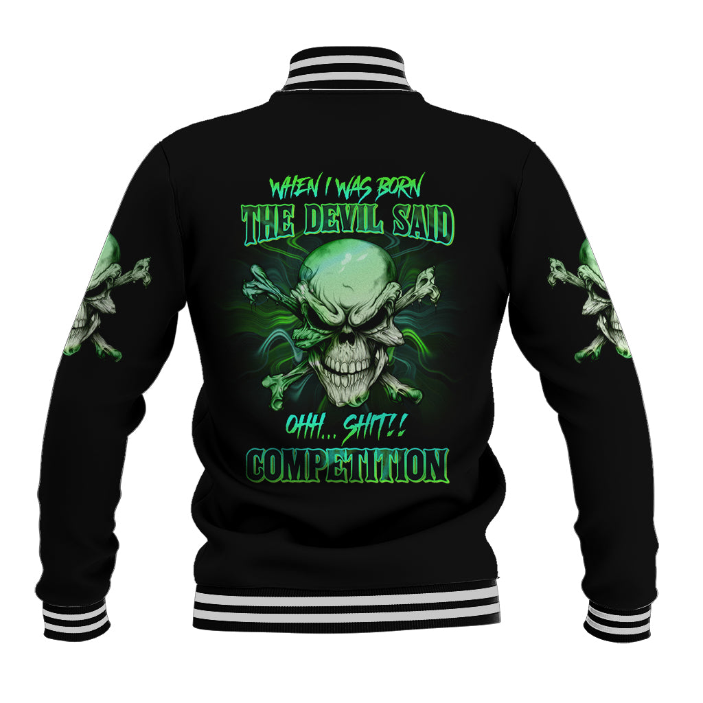 Black baseball jacket back graphic with green skull text, snap buttons, striped rib hem.