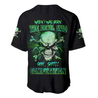 Black baseball jersey back with green skull, 'THE DEVIL SAND' text and buttons