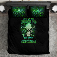 Black bedding set with green skull and glowing waveform pattern on duvet, two pillowcases