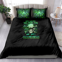 Black bedding set with green skull neon print on duvet and two matching pillowcases