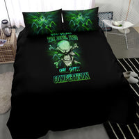 Black duvet bedding set with green skull neon graphic and matching pillowcases