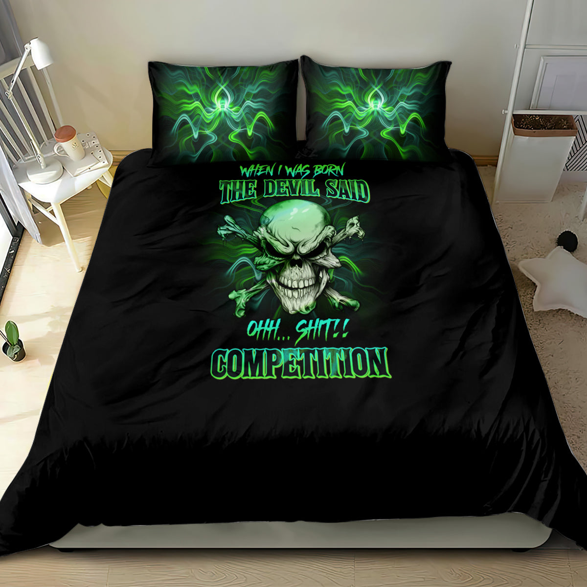 Black bedding set with green skull neon text graphic on duvet and two pillowcases