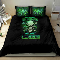 Black bedding set with green skull neon text graphic on duvet and two pillowcases