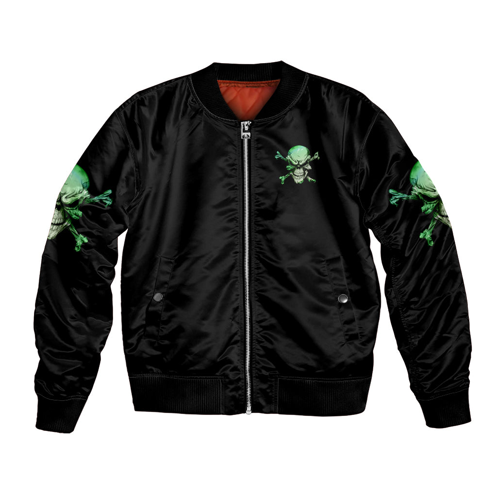 Black bomber jacket with green skull graphic sleeves and front zip