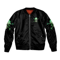 Black bomber jacket with green skull graphic sleeves and front zip