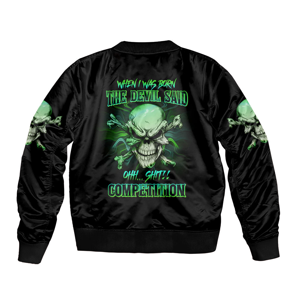 Black bomber jacket back print with green devil skull and text