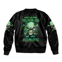 Black bomber jacket back print with green devil skull and text