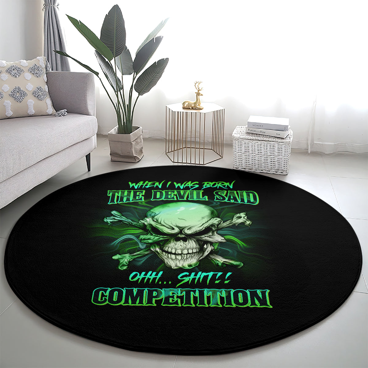 Round black rug with green skull face and neon text, centered on floor