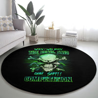 Round black rug with green skull face and neon text, centered on floor
