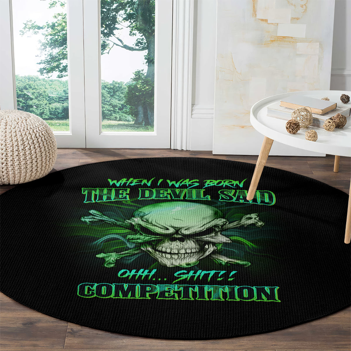 Round black rug with green skull and neon-style text graphic on wooden floor