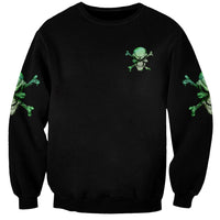 Black unisex sweatshirt with small green skull graphic on chest