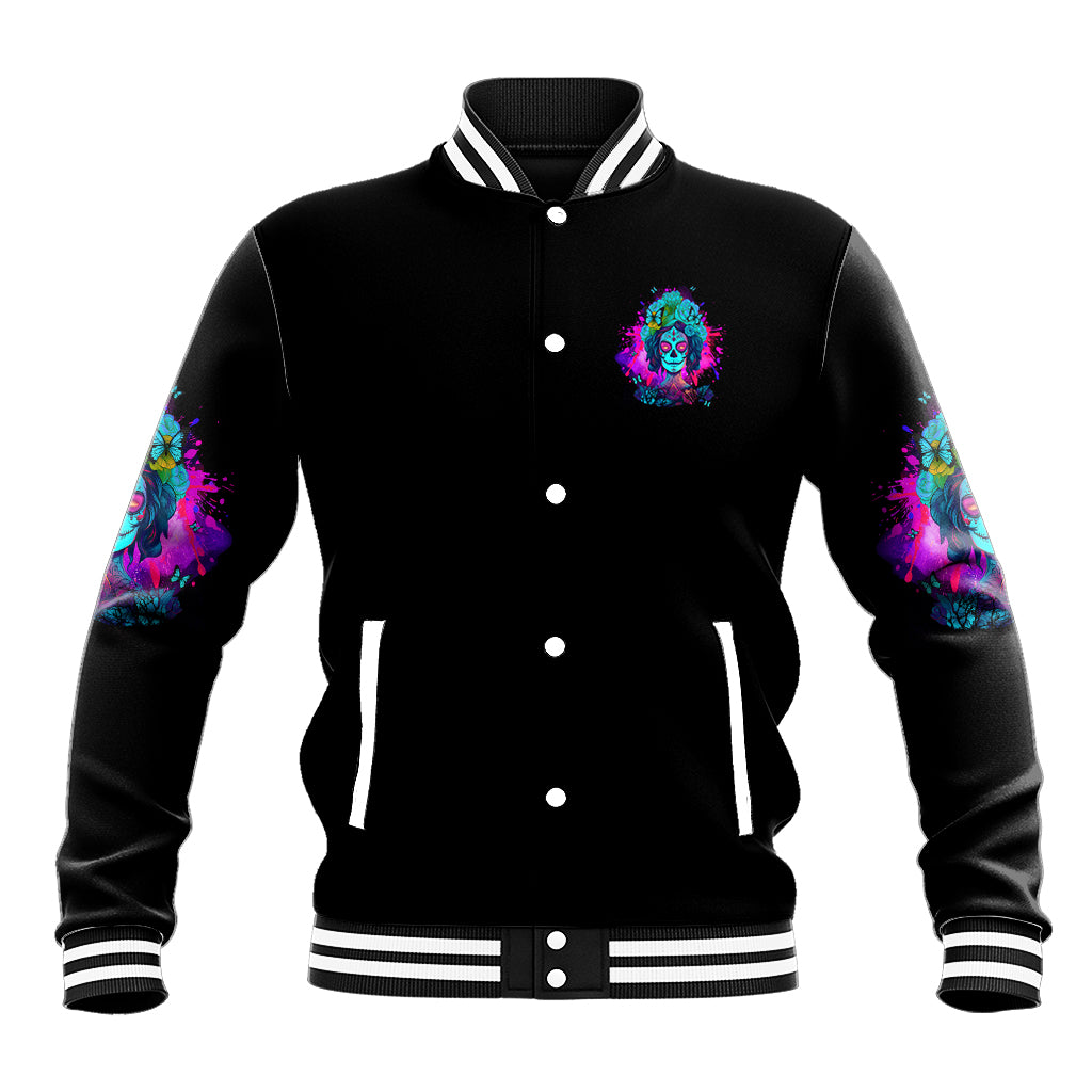 Black unisex baseball jacket with multicolor skull graphic, snap front, striped rib trim