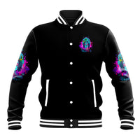 Black unisex baseball jacket with multicolor skull graphic, snap front, striped rib trim