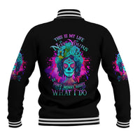 Black unisex baseball jacket with multicolor back print, striped ribbed collar and cuffs