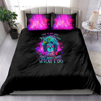 Black bedding set with purple galaxy skull artwork and matching printed pillowcases