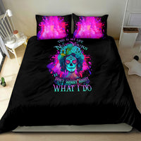 Black bedding set with purple skull portrait and two matching printed pillowcases