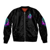 Black satin bomber jacket with front zipper and colorful skull chest graphic