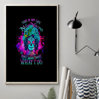 Framed canvas wall art with colorful skull woman and neon quote on dark background