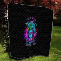 Black quilt with diamond stitching and centered neon skull artwork with multicolor text