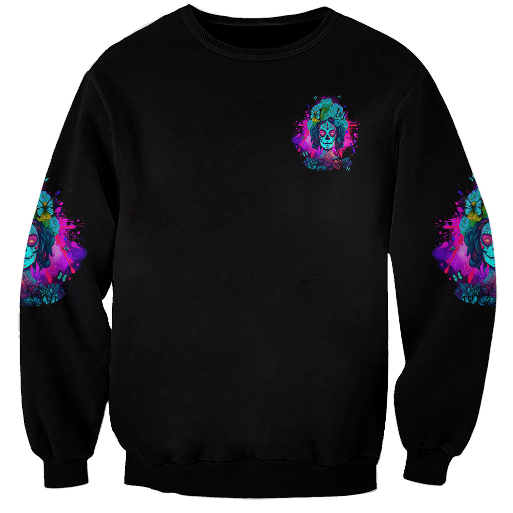 Unisex black crewneck sweatshirt with multicolor skull portrait graphic on chest