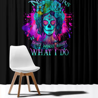Black window curtains with colorful skull-and-text graphic panel, full-length view