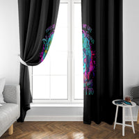 Black window curtains with multicolor skull graphic, partially open at the floor
