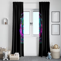 Pair of black window curtains with colorful vertical skull design, centered on window