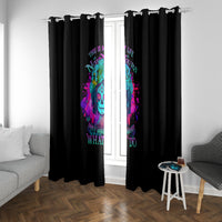 Black window curtains with multicolor skull artwork and text, hanging across window