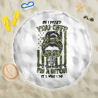 Round white beach blanket with fringed edge and green slogan skull and sunglasses graphic