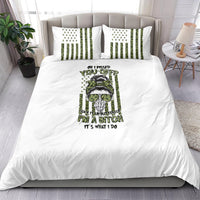 White bedding set with green/black graphic comforter and matching pillowcases
