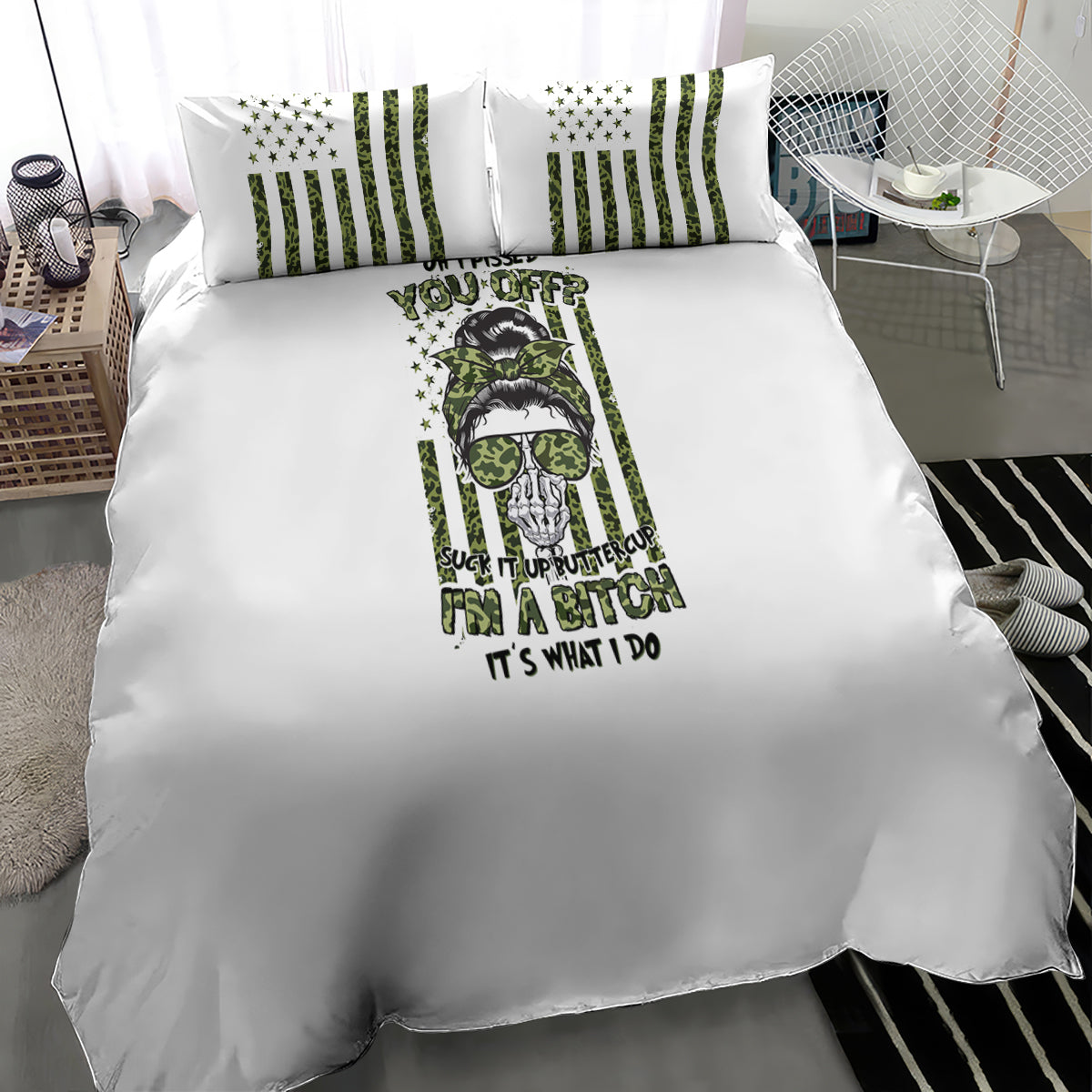 White duvet bedding set with green/black graphic and two pillowcases with star stripes