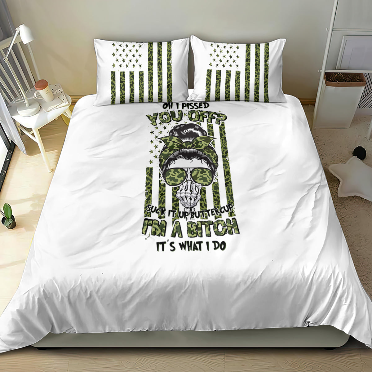White bedding set featuring green/black graphic comforter with matching striped pillowcases