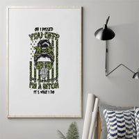 Framed canvas wall art with green and black quote graphic, messy-bun sunglasses and skull