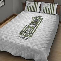 White quilt bed set with green-striped skull graphic and stitched diamond texture