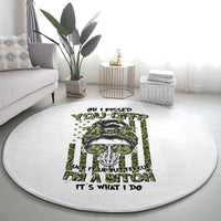 Round gray carpet with green-and-black graphic, sunglasses face, centered design