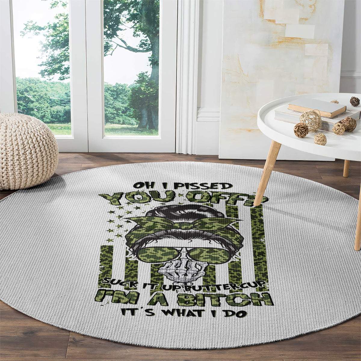 Round gray carpet with green-and-black slogan graphic and bold 'IT'S WHAT I DO'