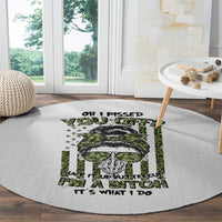 Round gray carpet with green-and-black slogan graphic and bold 'IT'S WHAT I DO'