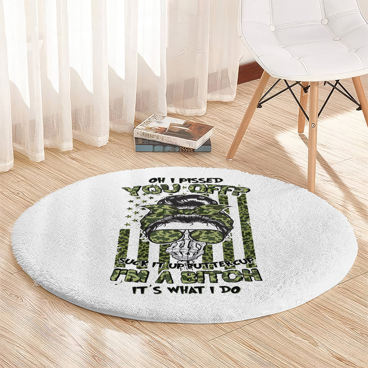 Round gray carpet with green-and-black 'OH I PISSED' headline graphic