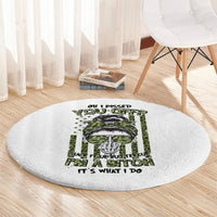 Round gray carpet with green-and-black 'OH I PISSED' headline graphic