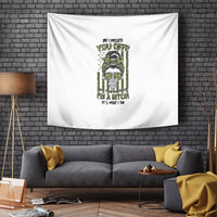 Rectangular wall tapestry, white with green graphic character wearing sunglasses and text