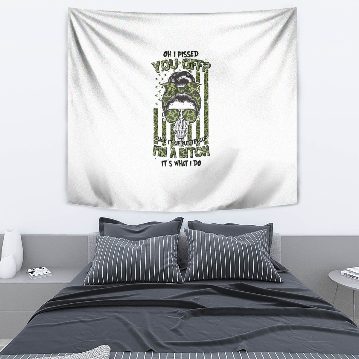 Rectangular wall tapestry, white with green illustration of sunglasses character and quote